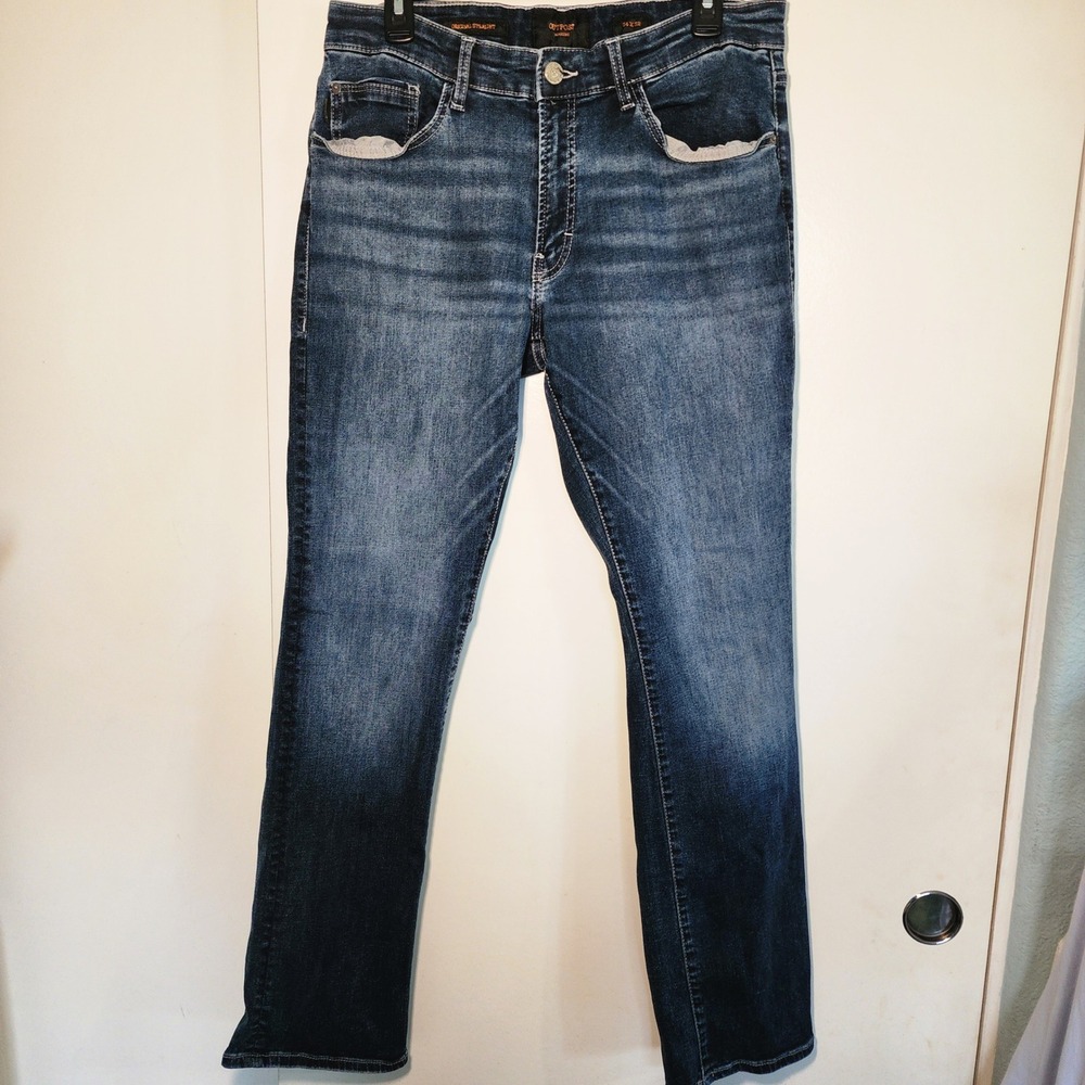 Outpost Makers Straight Leg Jeans Mens 34x32 Blue Excellent Whiskered OIOS581